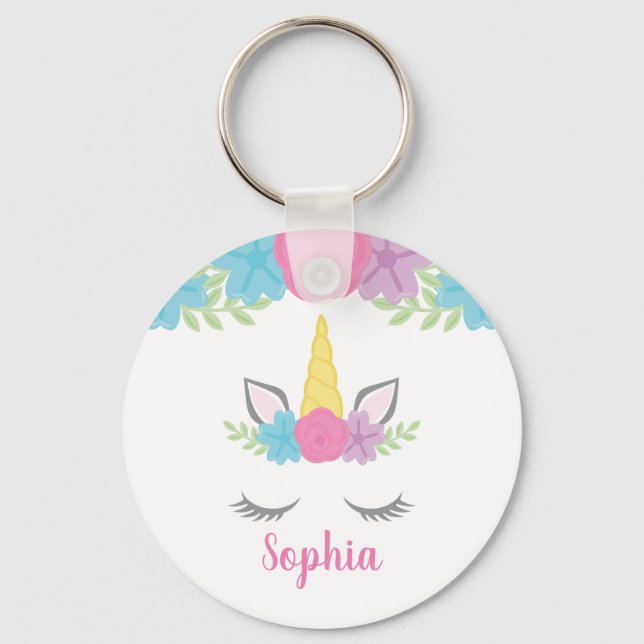 Floral Unicorn Face Personalised Key Ring (Front)