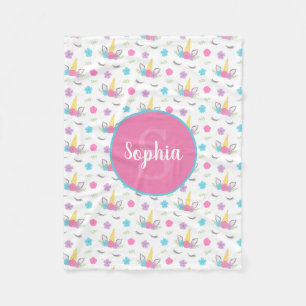 Floral Unicorn Face Personalised Monogram Fleece Blanket