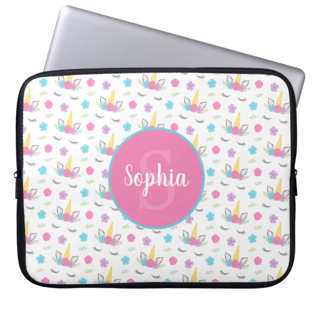 Floral Unicorn Face Personalised Monogram Laptop Sleeve (Front)