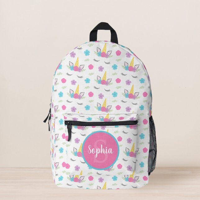Floral Unicorn Face Personalised Monogram Printed Backpack (Creator Uploaded)