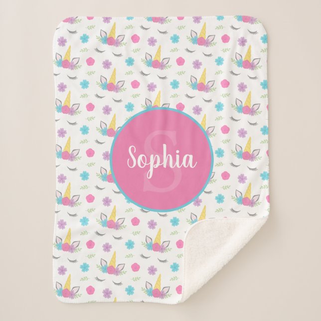Floral Unicorn Face Personalised Monogram Sherpa Blanket (Front)