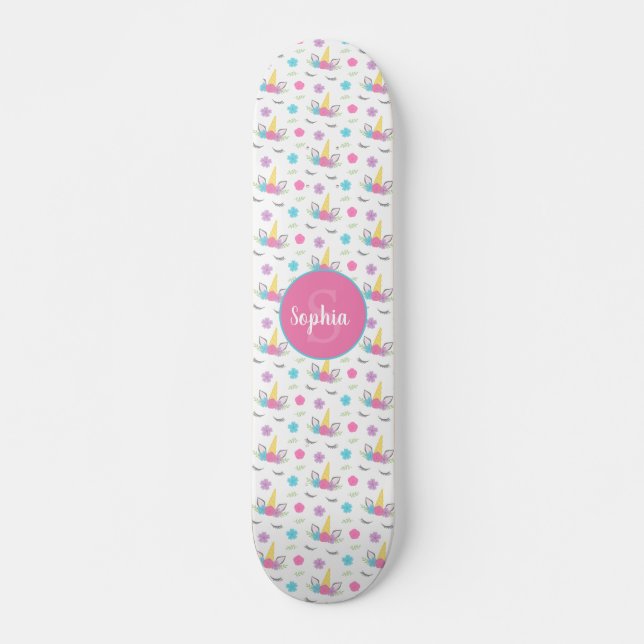 Floral Unicorn Face Personalized Monogram Skateboard (Front)
