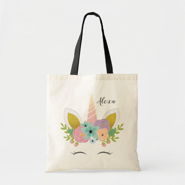 Floral Unicorn Faux Gold Personalised Tote Bag (Front)