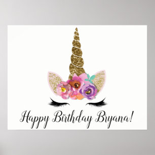 Floral Unicorn Gold Glitter Birthday Party Banner Poster