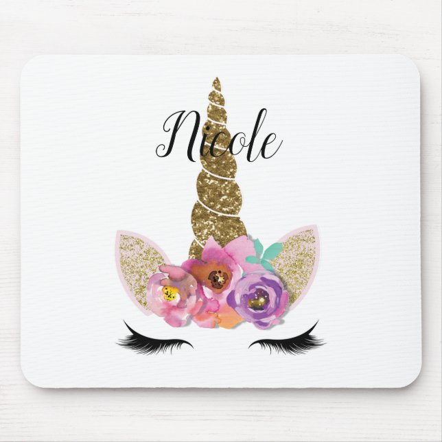 Floral Unicorn Gold Glitter Girly Girls Sparkle Mouse Pad (Front)