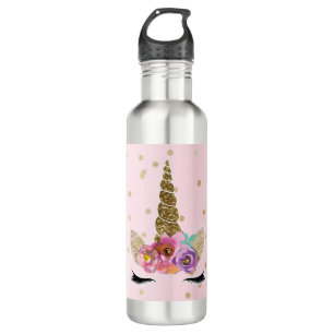Floral Unicorn Gold Glitter Glam Girls Sparkle 710 Ml Water Bottle