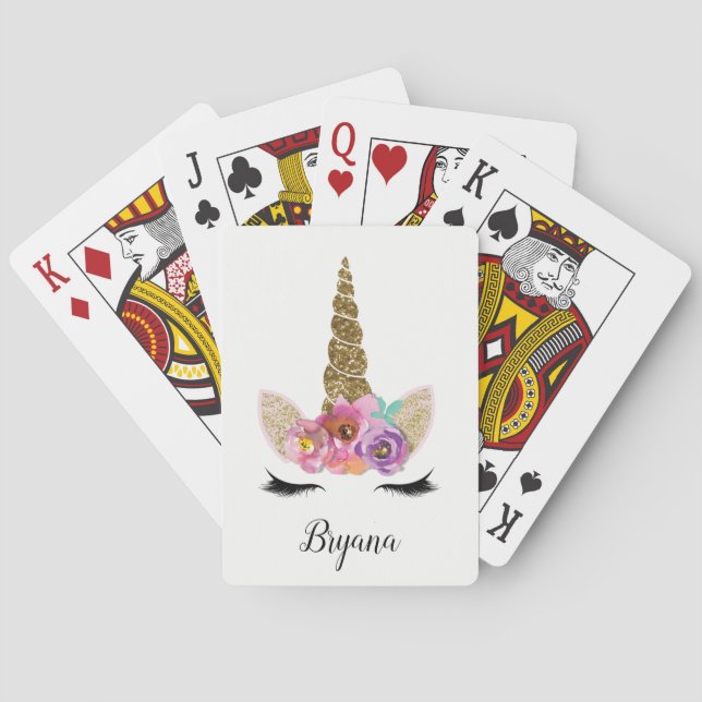 Floral Unicorn Gold Glitter Glam Personalised Playing Cards (Back)