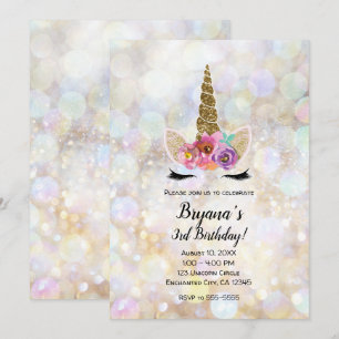 Floral Unicorn Horn Cosmic Glitter Birthday Party Invitation