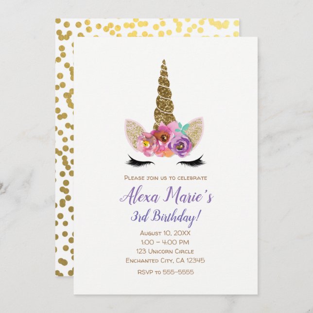 Floral Unicorn Horn Gold Confetti Birthday Party Invitation (Front/Back)