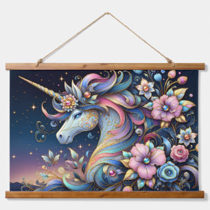 Floral Unicorn Night Fantasy Hanging Tapestry
