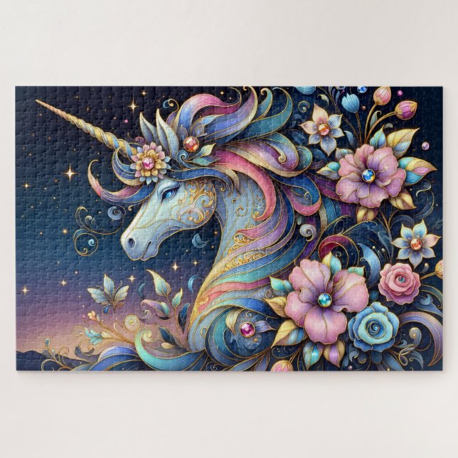 Floral Unicorn Night Fantasy Jigsaw Puzzle (Horizontal)
