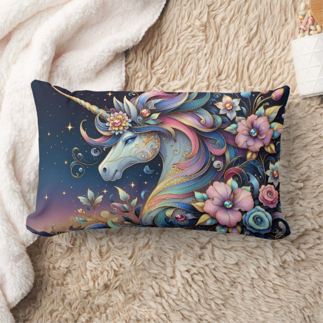 Floral Unicorn Night Fantasy Lumbar Cushion (Blanket)