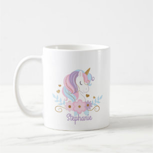 Floral Unicorn Personalised Name Cute Coffee Mug