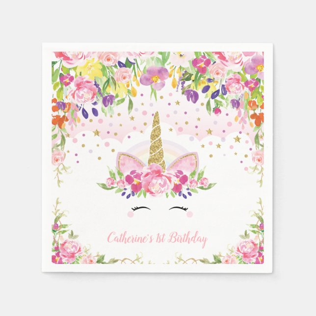 Floral Unicorn Pink Rainbow Birthday Paper Napkin (Front)