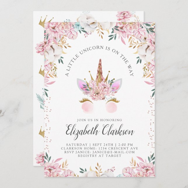 Floral Unicorn Princess Baby Shower Invitation (Front/Back)