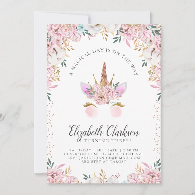 Floral Unicorn Princess Birthday Invitation (Front)