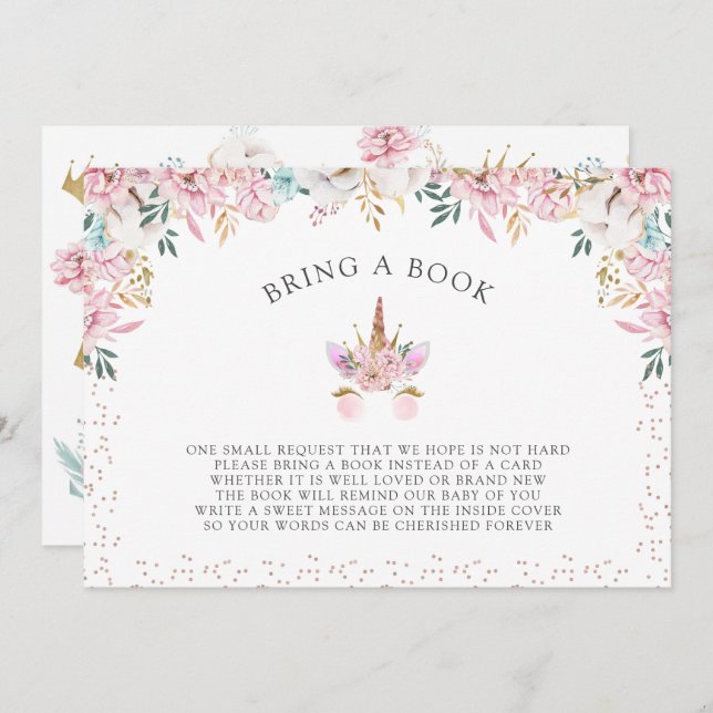 Floral Unicorn Princess Bring a Book Invitation (Front/Back)