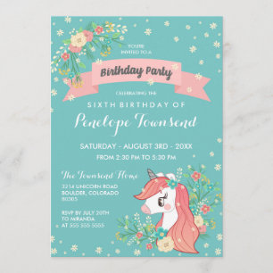 Floral Unicorn Turquoise Birthday Party Invitation