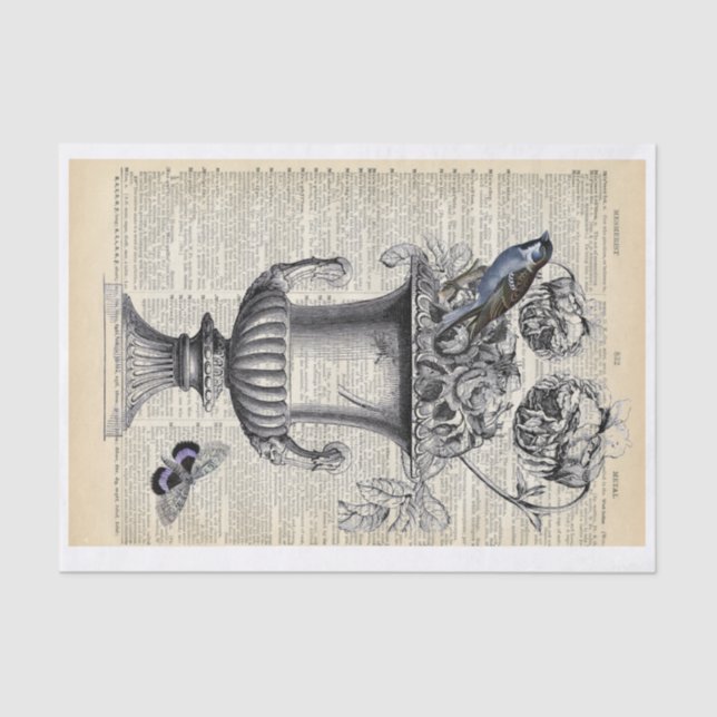 Floral Urn w/ Bird & Butterfly on Dictionary Page Tissue Paper (Front)