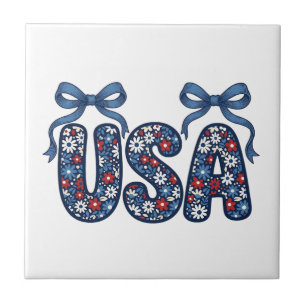 Floral USA Bow Patriotic Vector Design_1 Ceramic Tile