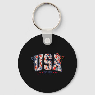Floral Usa Coquette Bow Patriotic 4th Of July Amer Key Ring
