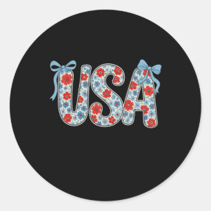 Floral Usa Coquette Bow Patriotic 4th Of July Woma Classic Round Sticker