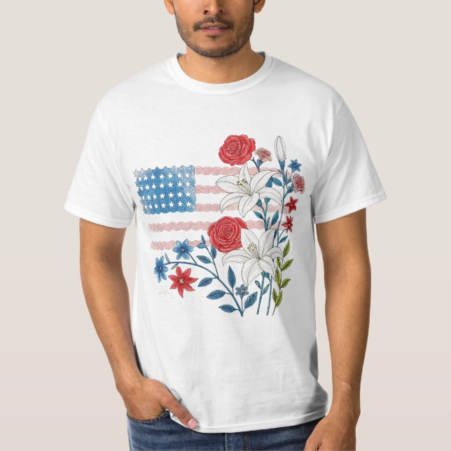 Floral USA Flag Design T-Shirt (Front)