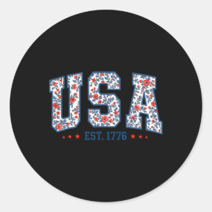 Floral Usa Retro America 4th Of July Patriotic Gir Classic Round Sticker