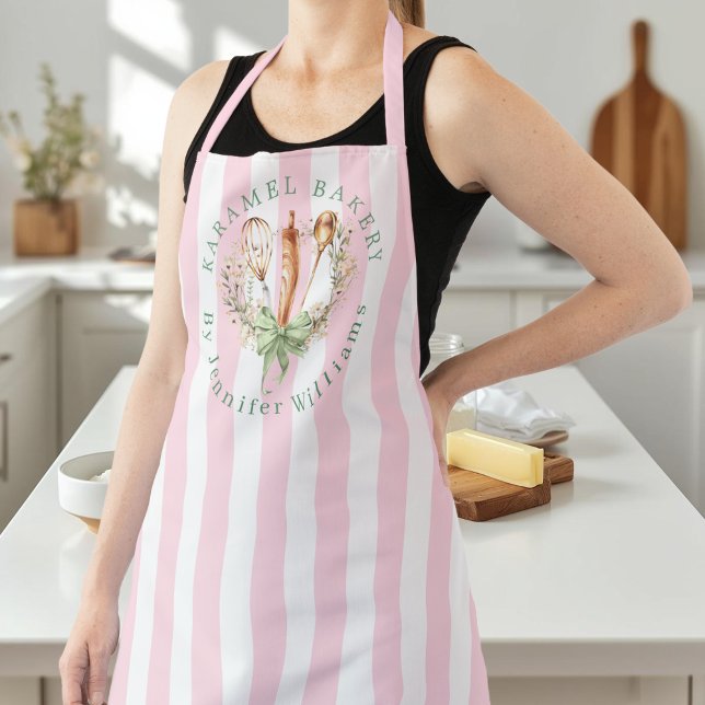 Floral Utensils Cooking Bakery Name Apron (Pink stripe Utensils Cooking Bow Apron)