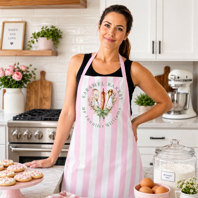 Floral Utensils Cooking Bakery Name Apron (Pink stripe Utensils Cooking Bow Apron)