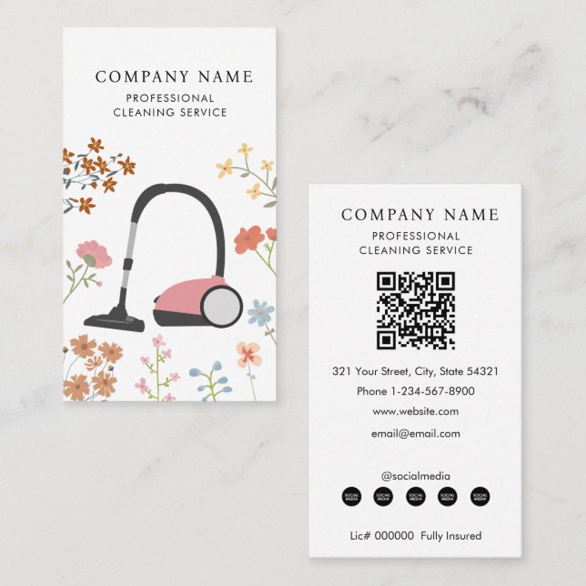 Floral Vacuum Cleaner Cleaning Services Modern Business Card (Front/Back)