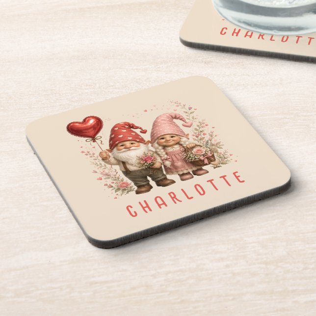 Floral Valentine Gnomes Custom Coaster (Left Side)