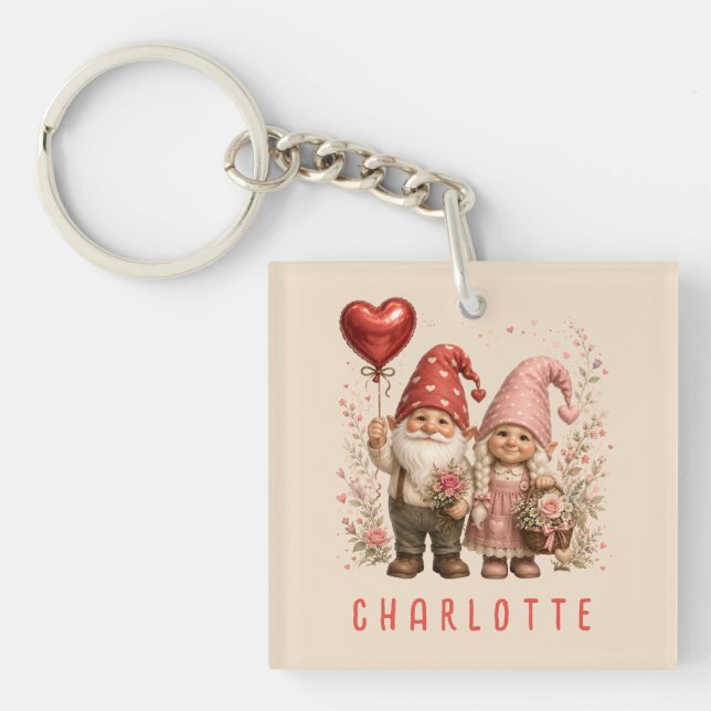 Floral Valentine Gnomes Custom Key Ring (Front)