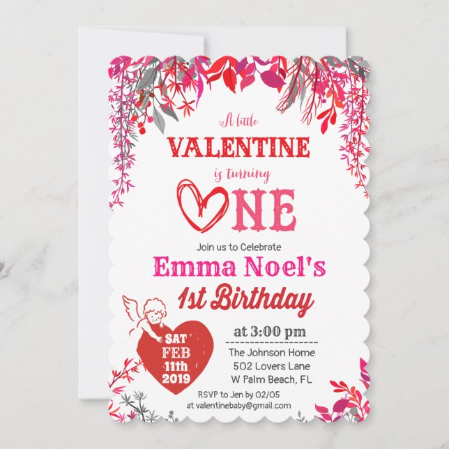 Floral Valentine's Day 1st Birthday Invitation (Front)