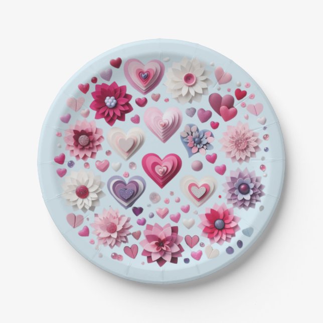 Floral Valentine's Day heart Paper Plate (Front)