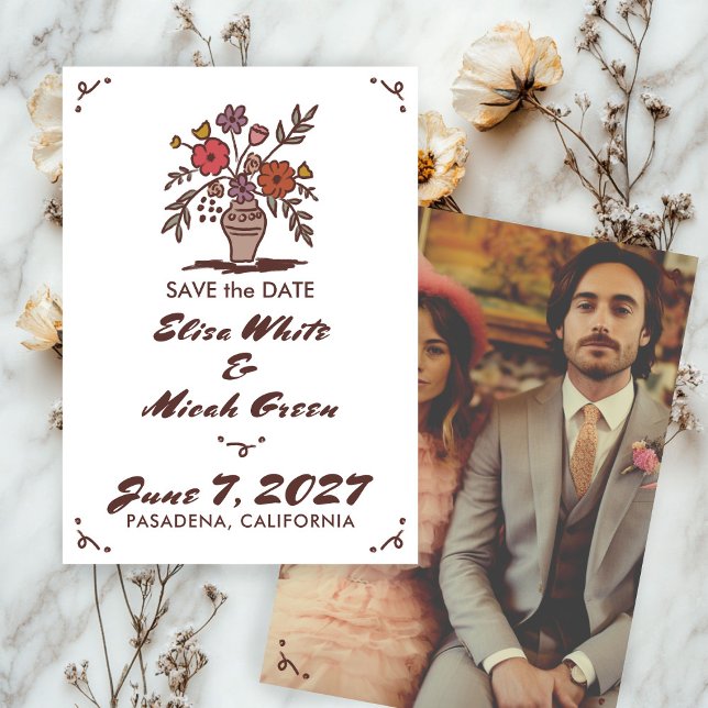 Floral Vase Rustic Whimsical Sketch Custom Photo Save The Date (Floral Vase Rustic Whimsical Sketch Custom Photo Save The Date
)