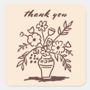 Floral Vase Rustic Whimsical Sketch Thank You Square Sticker