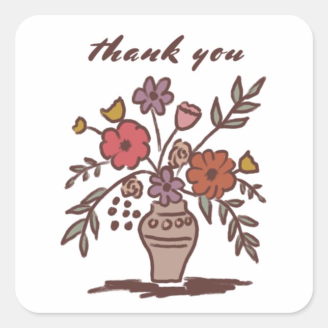Floral Vase Rustic Whimsical Sketch Thank You  Square Sticker (Front)