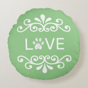 Floral vector & love pet paw on lime green round cushion
