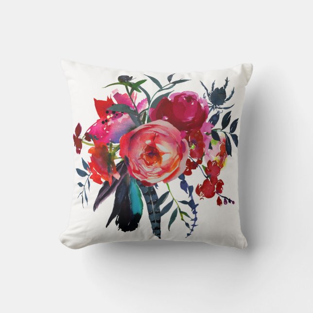 Floral vibrant boho chic red navy bouquet cushion (Front)