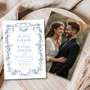 Floral Victorian French Dusty Blue Photo Wedding  Invitation