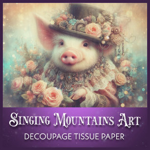 Floral Victorian Steampunk Pig Decoupage Tissue Paper