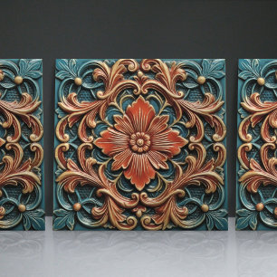 Floral Victorian Teal Orange Leaf Patterns Ceramic Tile