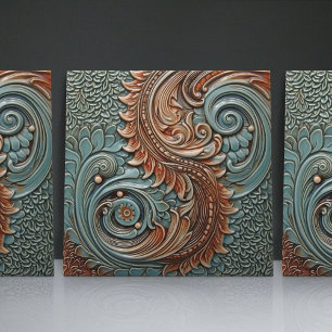 Floral Victorian Teal Orange Leaf Patterns Ceramic Tile