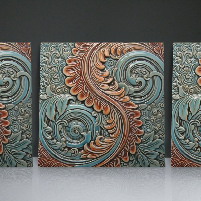 Floral Victorian Teal Orange Leaf Patterns Ceramic Tile (Creator Uploaded)
