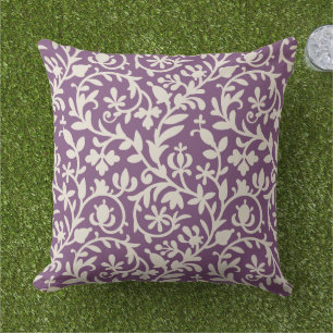 Floral Vine Pattern Plum Purple and Beige Outdoor Cushion