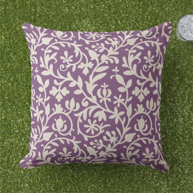 Floral Vine Pattern | Plum Purple and Beige Outdoor Cushion (Grass)