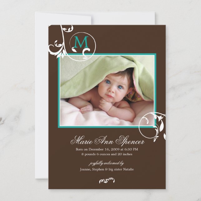 Floral Vines Monogram Photo Birth Announcement (Front)