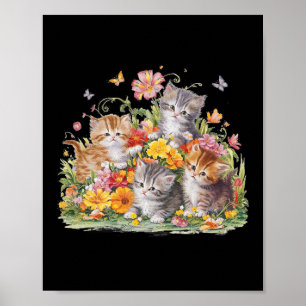 Floral Vintage Aesthetic Painted Kittens And Press Poster
