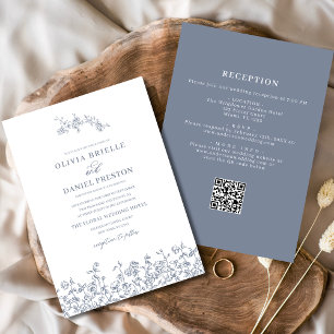 Floral Vintage All in One Dusty Blue Wedding Invitation